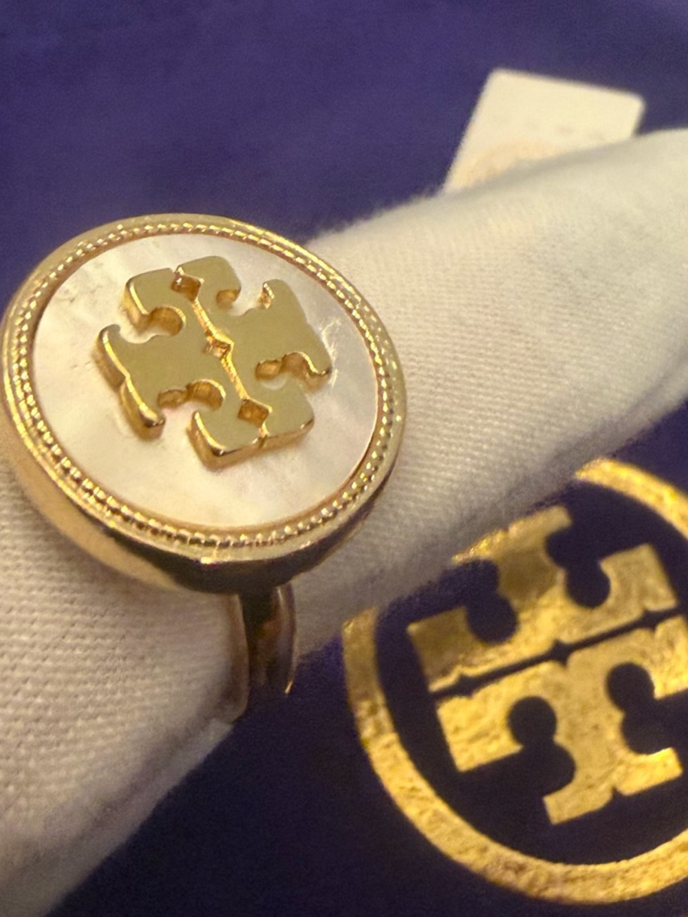 Tory Burch Gold and Mother Of Pearl  Logo Ring Sz. 8